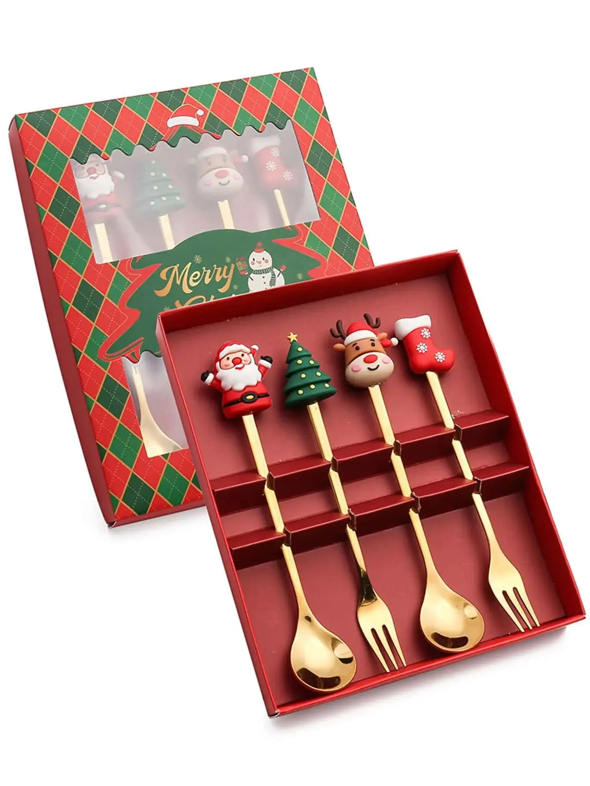 Christmas Spoons and Forks Set in Stainless Steel with 2, 4 or 6-Piece Spoon-Only and Mixed Options for Festive Coffee, Tea, Dessert Tables and Holiday Gifts