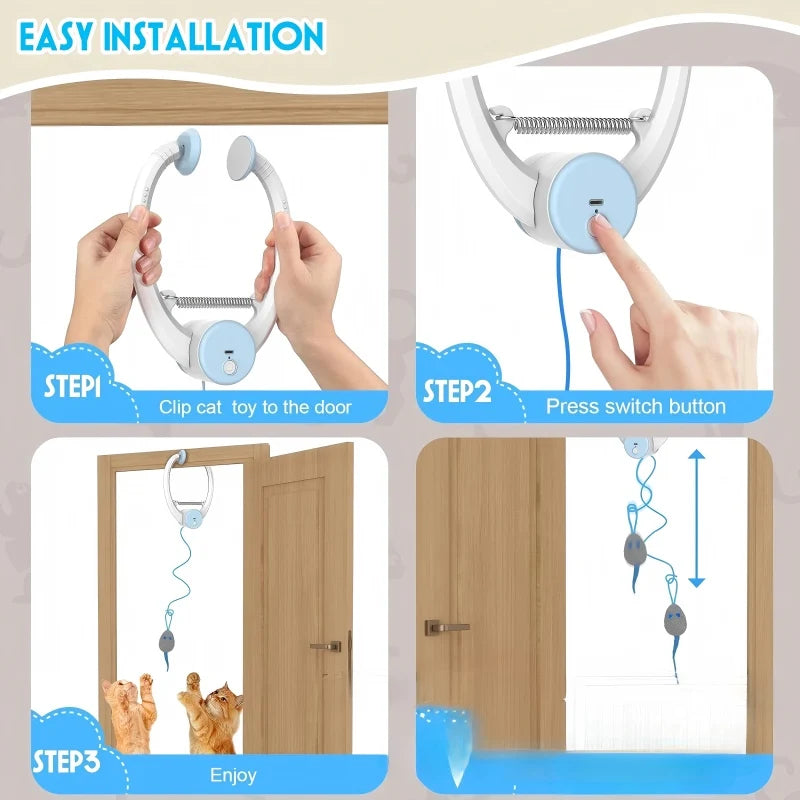 Door Hanging Cat Toy with Elastic Bouncing Teaser Rope and Sticky Disc Mount, Blue Indoor Cat Enrichment Toy for Supervised Batting and Pouncing