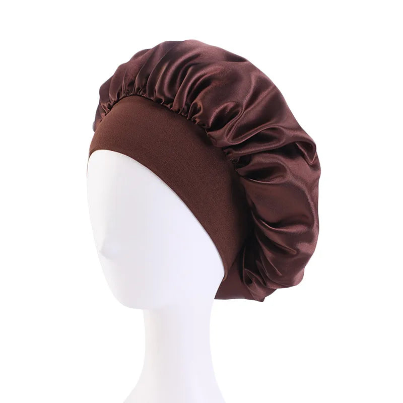 Wide Band Satin Sleep Bonnet with Listed Elastic Hair Wrap Design, Polyester Material Reference and Twenty-Eight Color Labels for Adult Nighttime Hair Styling