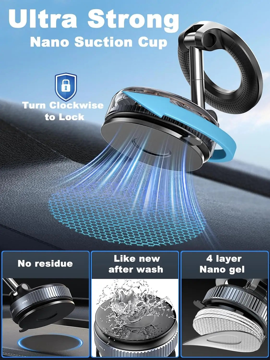 Folding Magnetic Phone Holder, 360° Rotating Vacuum Suction Mount in Black or White for Compatible Car Dashboards, Windshields and Desktop Phone Positioning