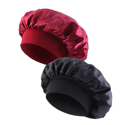 Wide Band Satin Sleep Bonnet with Listed Elastic Hair Wrap Design, Polyester Material Reference and Twenty-Eight Color Labels for Adult Nighttime Hair Styling