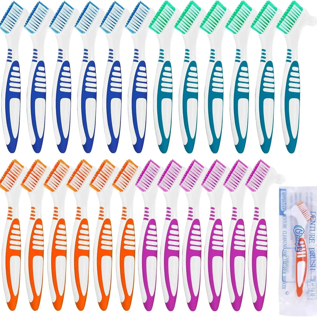 Denture Cleaning Brushes 24-Pack, Individually Wrapped Double-Sided False Teeth Brushes in Mixed Colors with Listed Soft Bristles for Personal Care Supplies