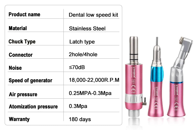 Dental Handpiece Set, 4-Piece High and Low Speed Air Turbine Kit with Straight Handpiece, Contra Angle and Air Motor, 2 or 4 Hole Options