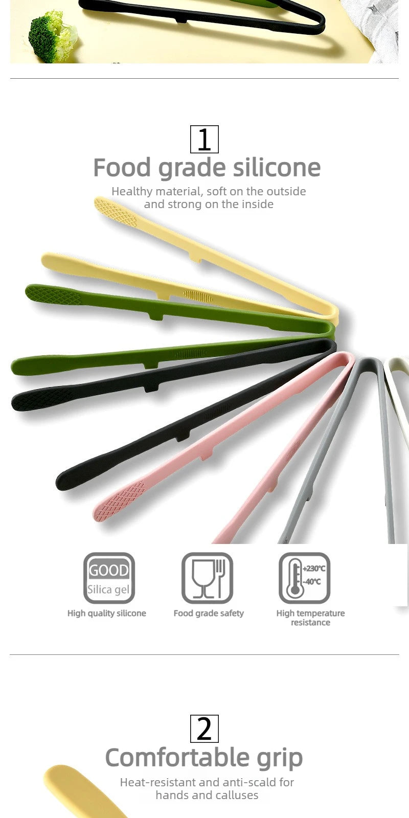 Silicone Kitchen Tongs with Wide-Tooth Grip and Extended Handle, Listed 26.5cm Serving Clip for Bread, Toast, Salad and Noodles with Color or 6PCS Options