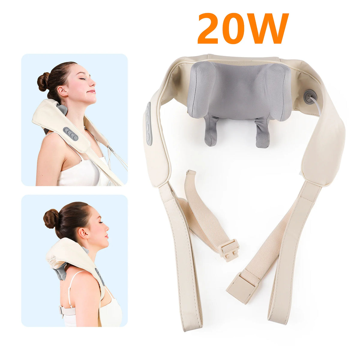 Rechargeable Neck and Shoulder Massage Shawl with Listed Two Modes, Adjustable Straps and Back Buckle, 20W or 26W Kneading Models in White, Grey and Brown Options