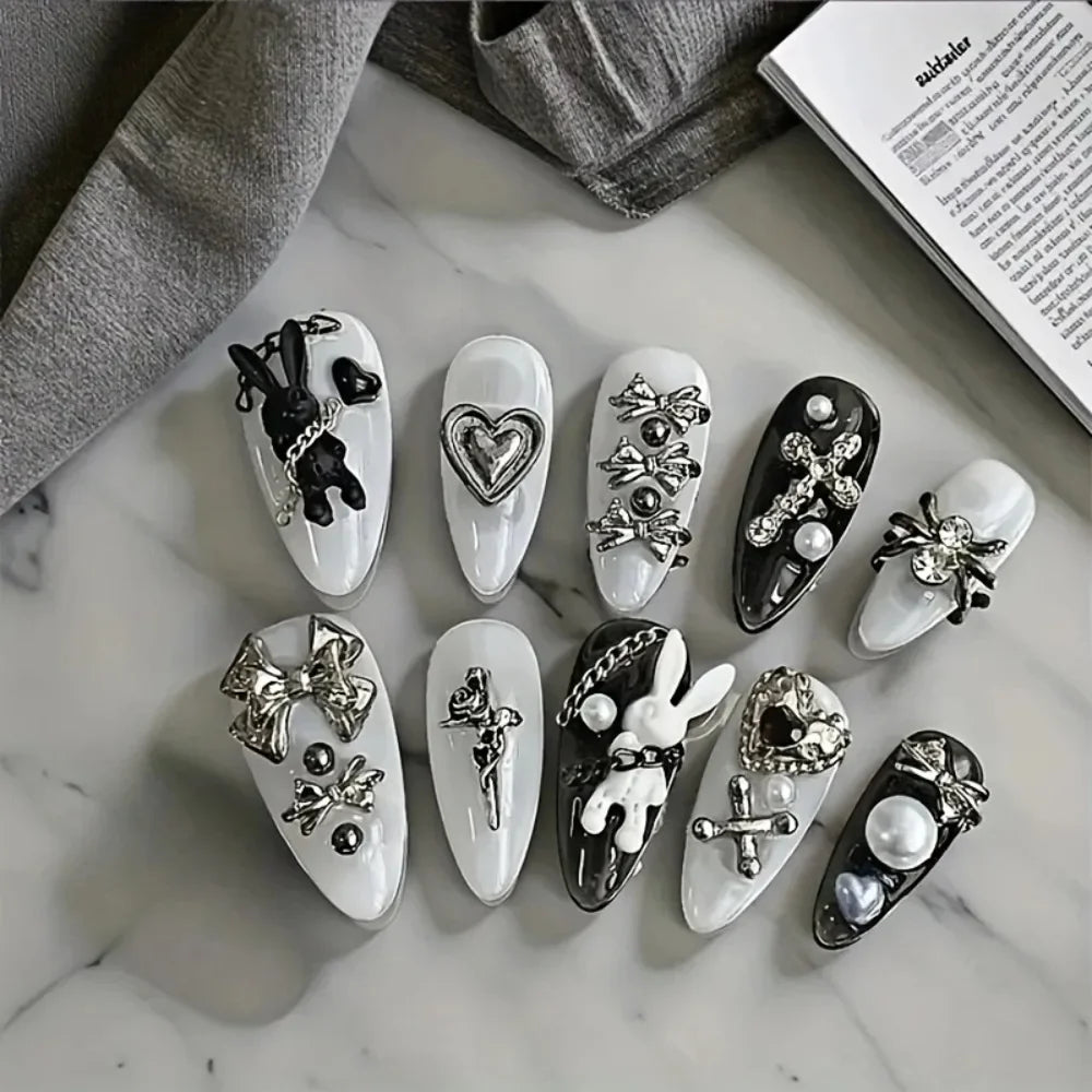 Black and White Press-On Nails with Rabbit and Bow Decorations, 10-Piece Gothic Minimalist False Nail Set in SJ116 XS, S or M Options for Daily and Party Looks