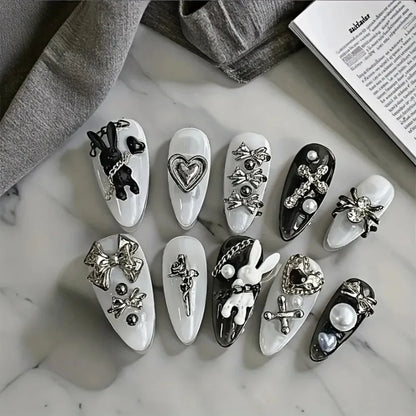 Black and White Press-On Nails with Rabbit and Bow Decorations, 10-Piece Gothic Minimalist False Nail Set in SJ116 XS, S or M Options for Daily and Party Looks