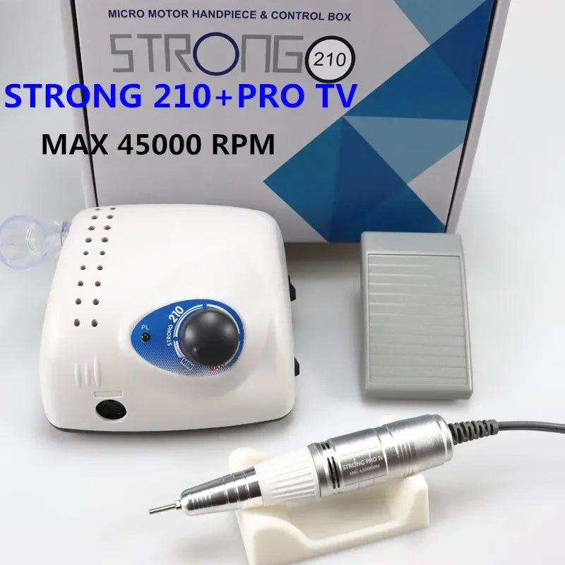Electric Nail Drill Machine Kit with Listed 65W Input and 45,000 RPM Maximum, Handpiece, Foot Switch and Six Bits, Strong 210 Pro IV Reference and EU Plug