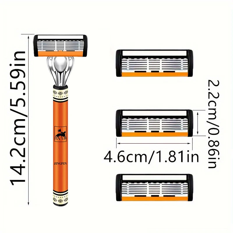 Men's Replaceable Head Razor Set with One Handle and 3 to 24 Blade Pack Options, Listed Six-Layer Stainless Steel Shaving Design for Everyday Grooming