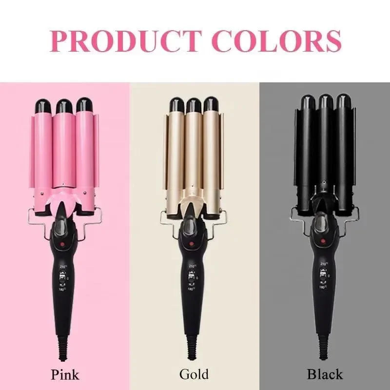 Pink Triple Barrel Hair Waver with 22mm Option Label, Ceramic Curling Iron for Women's At-Home Wave Styling and Evening Looks with US, EU or UK Plug Choices