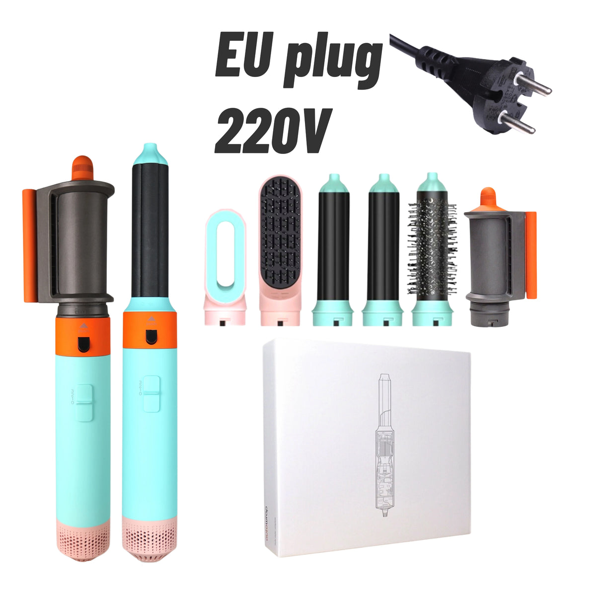 Hot Air Hair Styler, Six-in-One Packages with Curling Barrel and Brush References, US 110-120V or EU 220-240V Versions with Box or Case Options