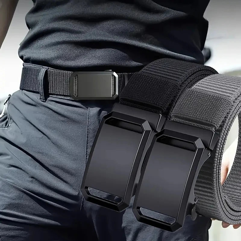 Men's Canvas Belt with Automatic Buckle, 120cm Tactical-Style Pants Belt in Gray, Black, Light Brown or Green for Casual Outfits and Everyday Workwear