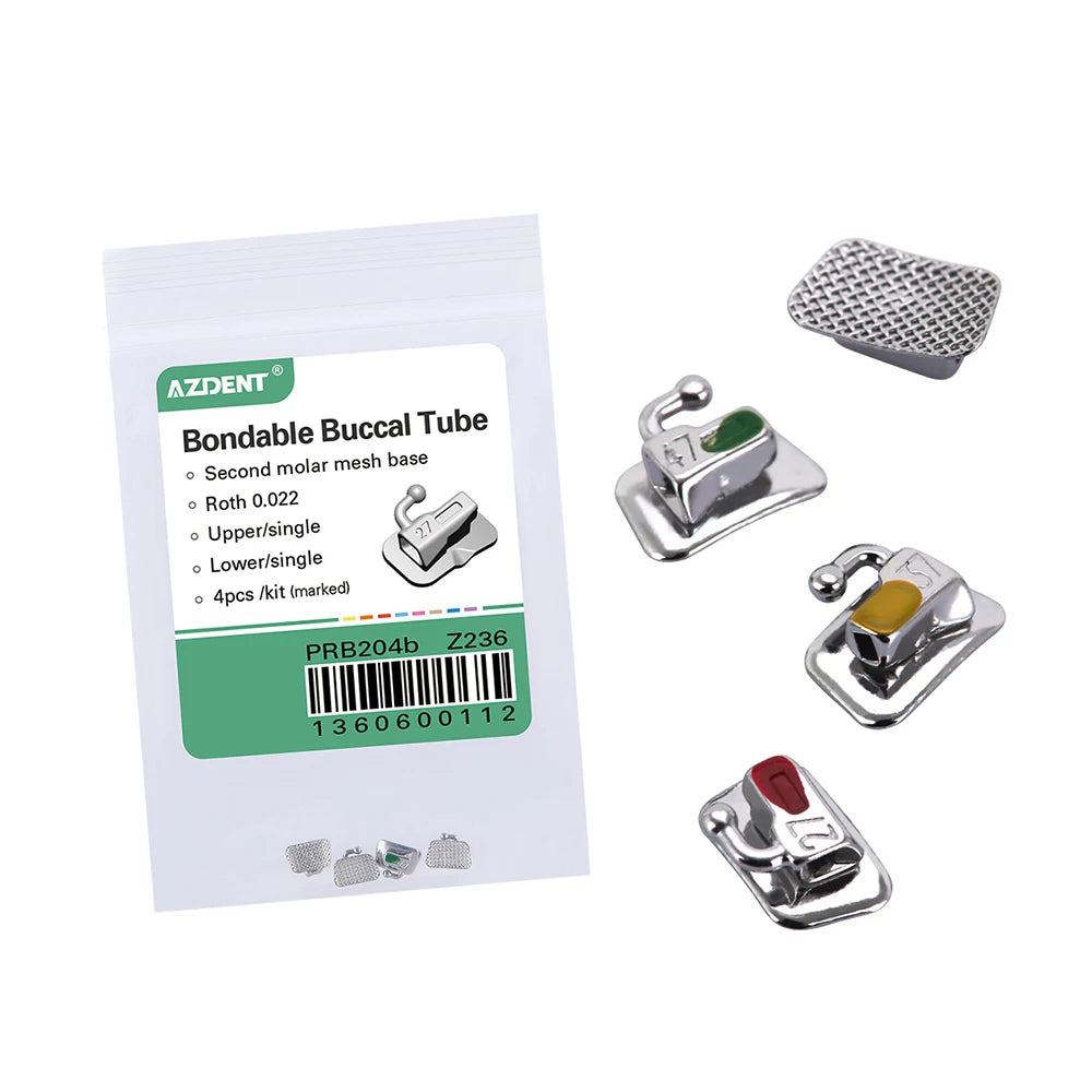 Mesh-Base Orthodontic Buccal Tubes by AZDENT, 20 Pieces in Five Kits, Bondable Non-Convertible Single Molar Tubes with Roth, MBT or Edgewise Option Labels