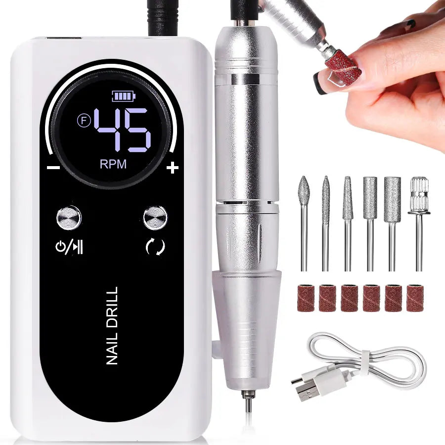 Portable Nail Drill V2 with Listed 45,000 RPM Adjustable Speed, 1800mAh Rechargeable Battery, LCD Display and Six Bits for Acrylic and Gel Manicures
