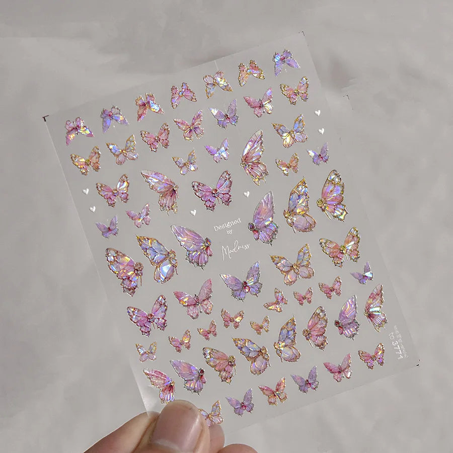 Butterfly 5D Nail Art Stickers, Kawaii Japanese-Inspired Glitter Shell Aurora Style Manicure Decals in Four Design Options for DIY Nail Decoration