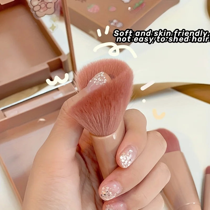 Mini Makeup Brush Set with Mirror and Foldable Travel Design, Listed Five-Piece Beauty Kit in Coffee Pink, Pink or Green for Everyday Touch-Ups