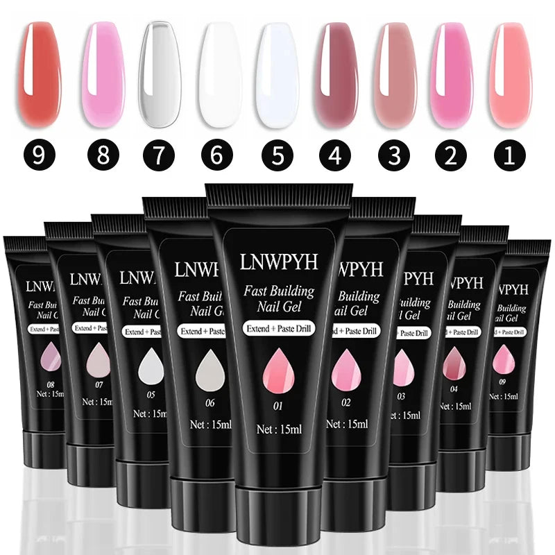 Gel Polish and Poly Extension Nail Kit by LNWPYH with 18 Polish Colors, Nine Extension Colors, Base and Top Coats, UV LED Lamp and Drill for Adult Manicures