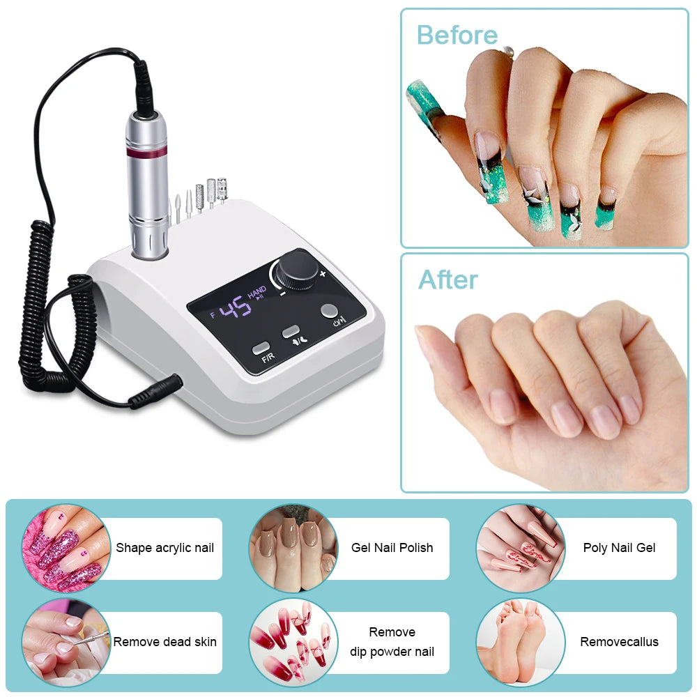 Rechargeable Nail Drill 204 with Listed 45,000 RPM Maximum, LCD Speed and Battery Display, Brushless Motor and Aluminum Alloy Body for Acrylic and Gel Filing