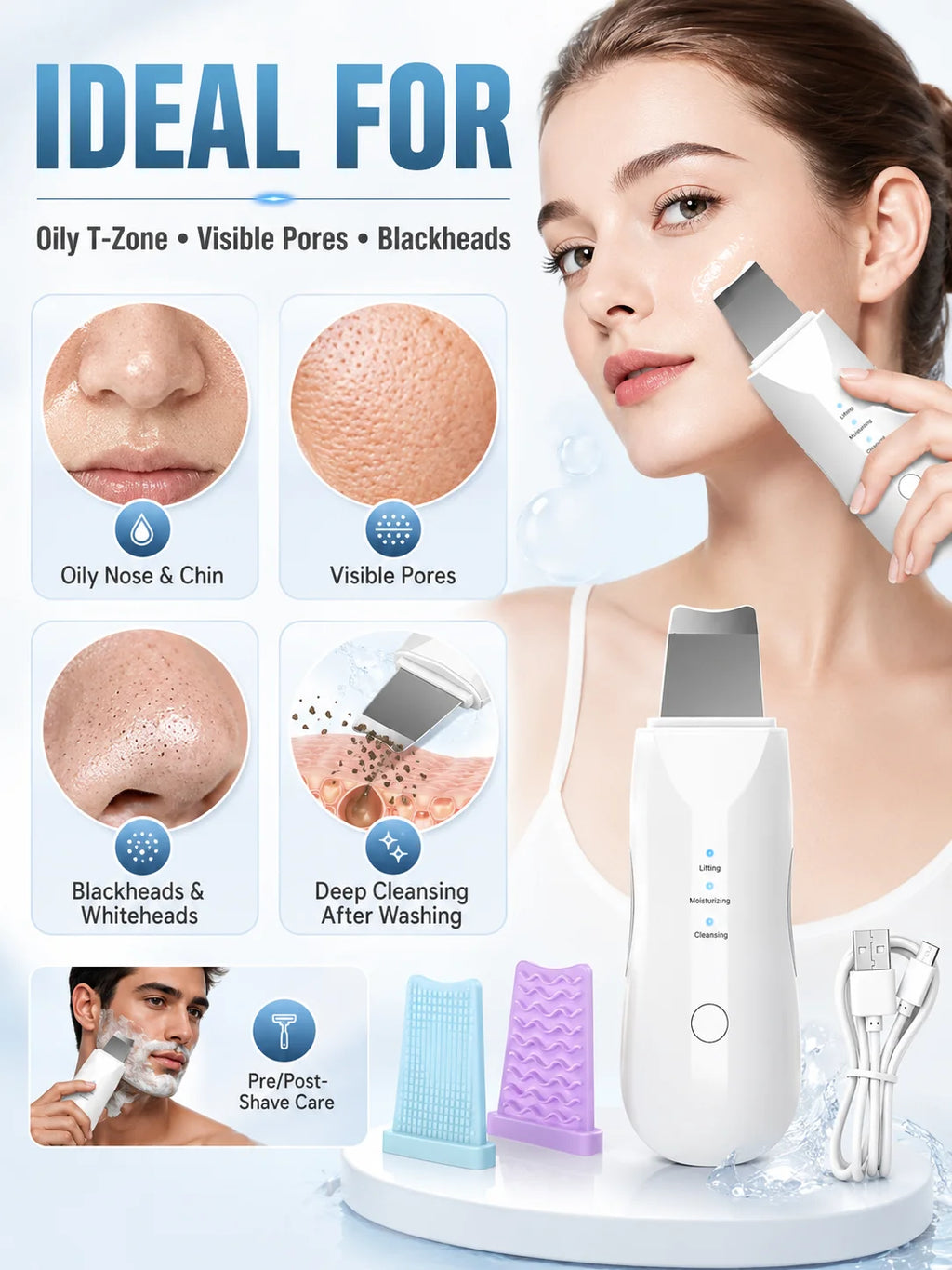 Ultrasonic Skin Scrubber for Facial Cleansing and Cosmetic Exfoliation, Adult Home Skincare Tool in Standard Color Box or Premium Version Options