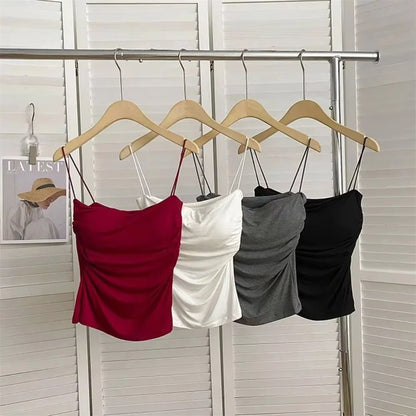 Women's Fixed Pad Crop Top with Thin Straps, Sleeveless Polyester Casual Tank in Red, Black, White or Grey, One Size for Layering and Going-Out Outfits
