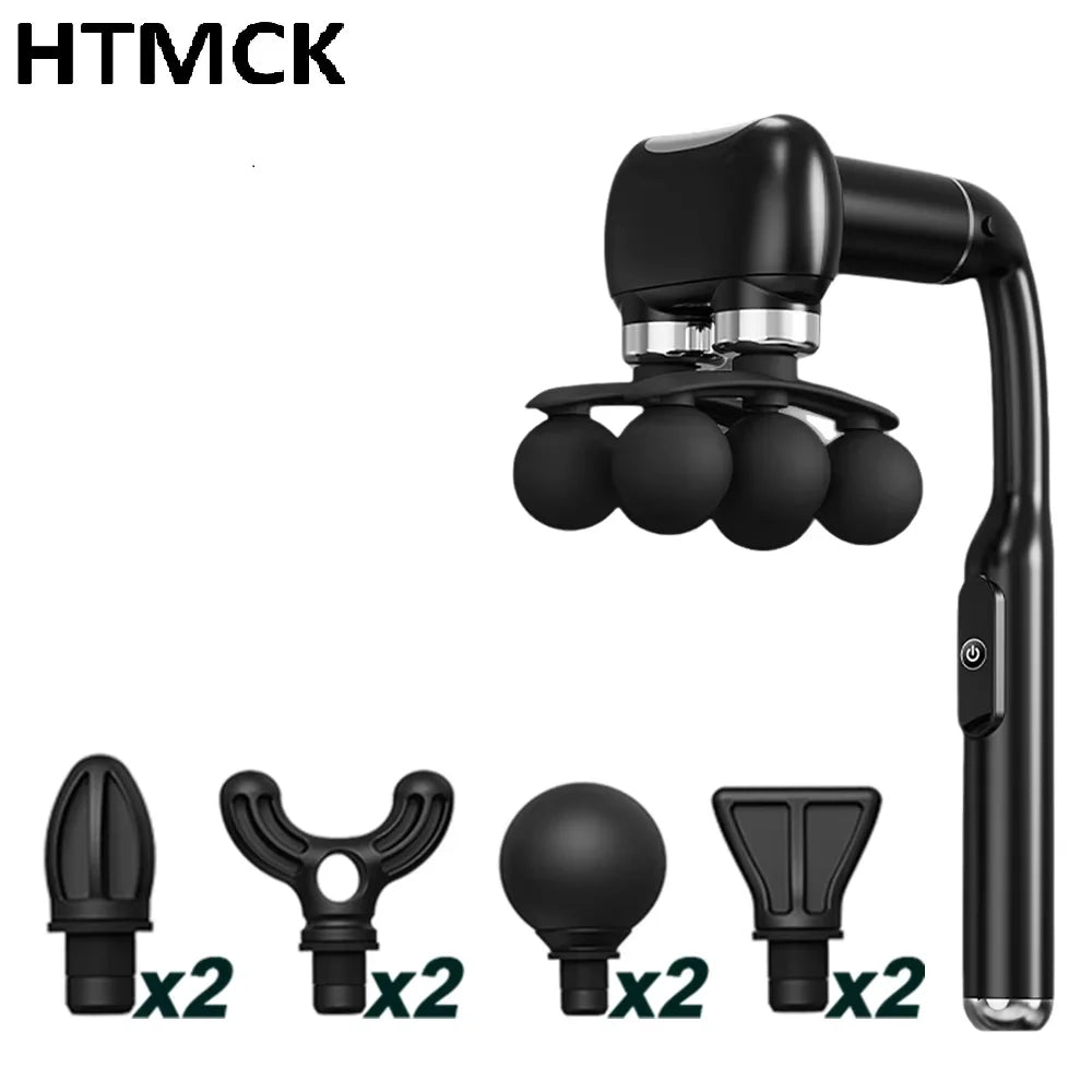 Six-Ball Massage Gun with Curved Long Handle, Adjustable Vibration and Listed USB-C Rechargeable Design, Black or Grey Handheld Massager for Personal Home Routines