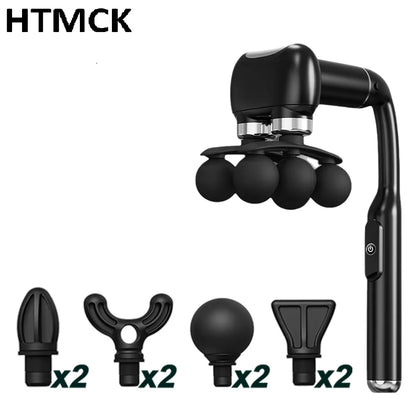 Six-Ball Massage Gun with Curved Long Handle, Adjustable Vibration and Listed USB-C Rechargeable Design, Black or Grey Handheld Massager for Personal Home Routines