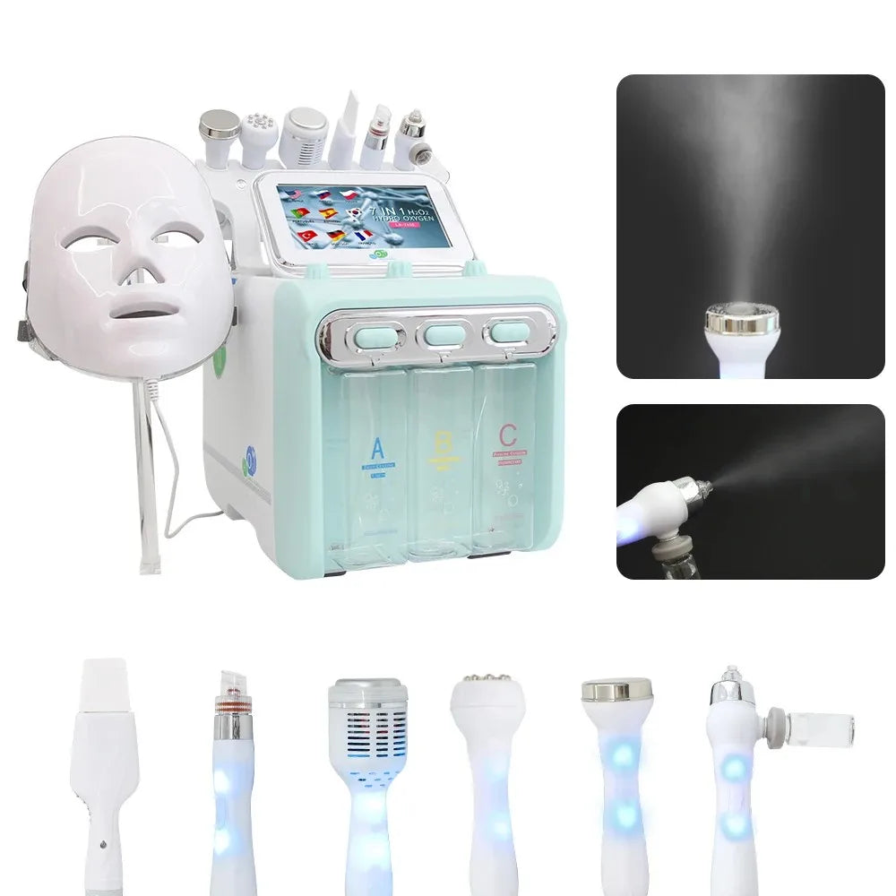 Touchscreen Hydro Facial Equipment with A/B/C Solution Tanks, Multi-Handpiece Beauty Machine References and 110v, 220v or DL Selection Labels