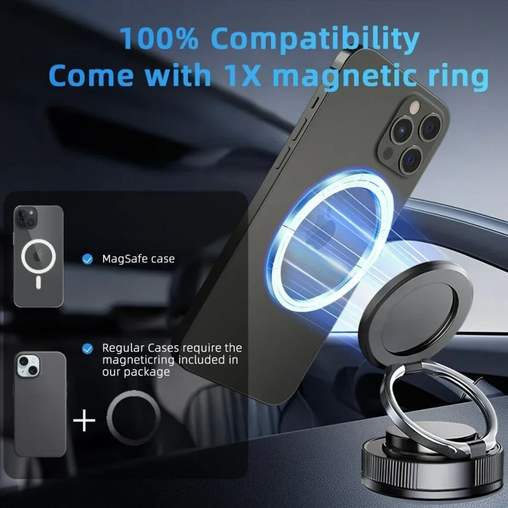 Vacuum Magnetic Car Phone Holder in Black, Suction Cup Mount with Locking Knob and Listed 360-Degree Rotation for Compatible Smooth Flat Surfaces