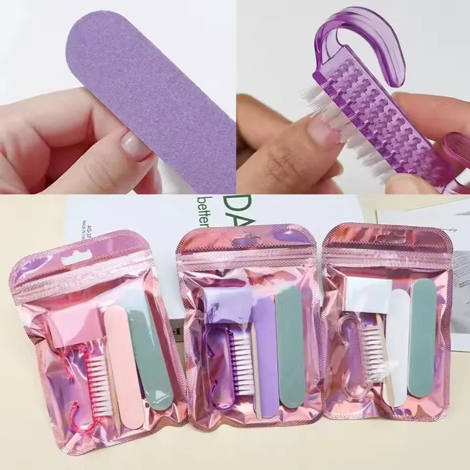 Manicure Prep Kit with Five Tools and Holographic Zipper Bag, Mini Nail File, Buffer, Cuticle Pusher, Cleaning Brush and Wooden Stick for Home and Travel
