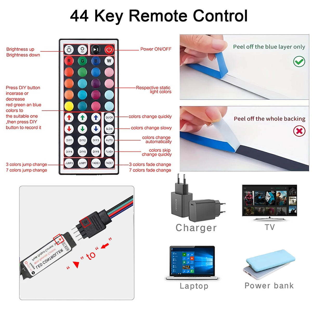 IR Remote RGB LED Strip Lights with 24-Key or 44-Key Control, 5V USB Tape Lighting in Six Length Options for Bedroom Decor and TV Backlighting