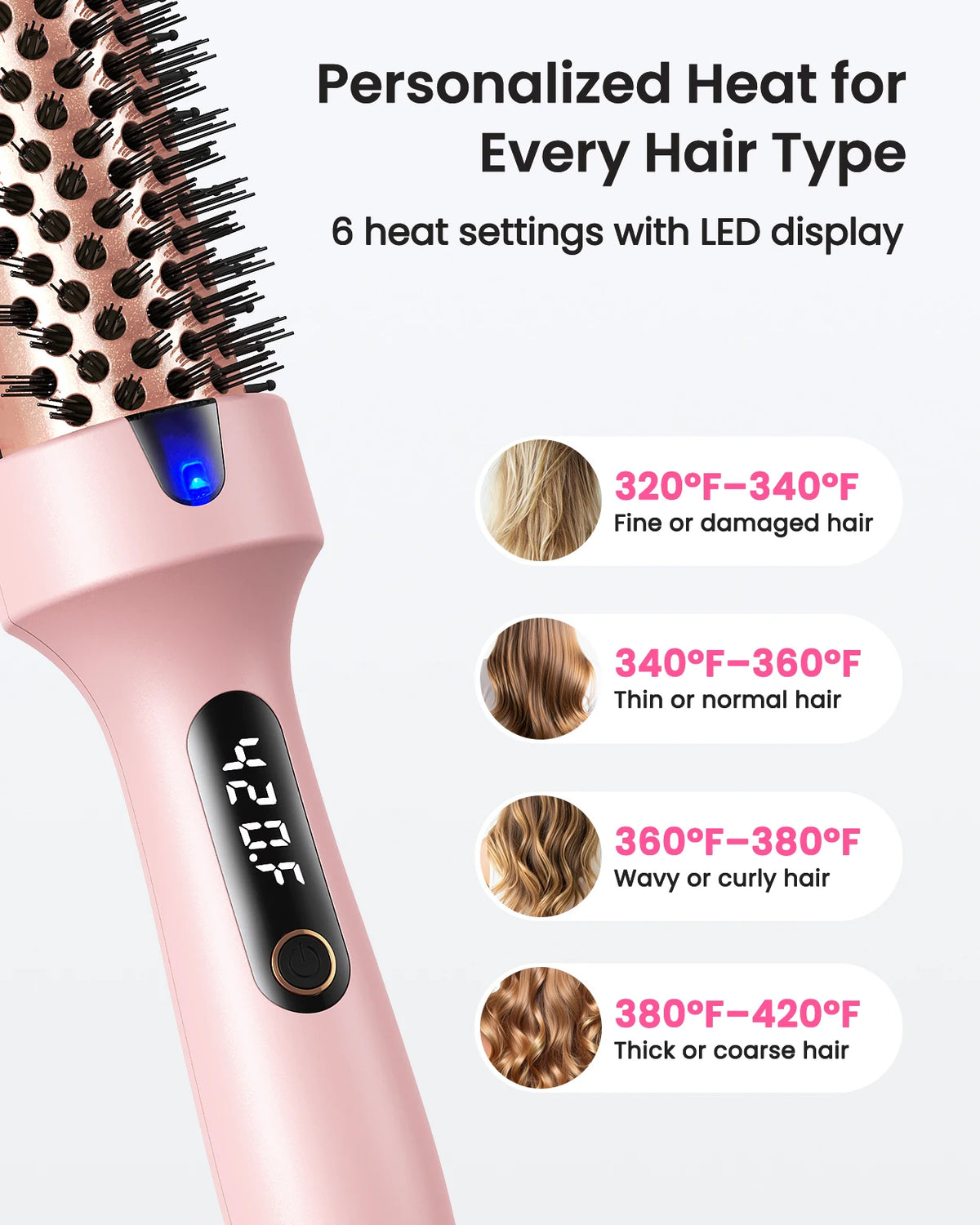 Ionic Heated Round Brush with Six Temperature Settings, LED Display and 110–240V Listed Dual Voltage for Curling, Smoothing and Root Volume, Pink