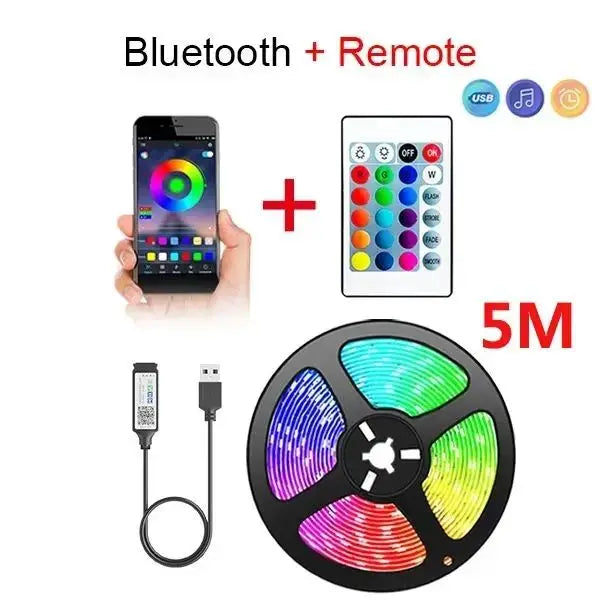 Bluetooth USB RGB LED Tape Light with Timer and App Control, 5V Self-Adhesive Flexible 5050 SMD Strip in 1m, 2m, 3m or 5m for TV and Desktop Accent Decor