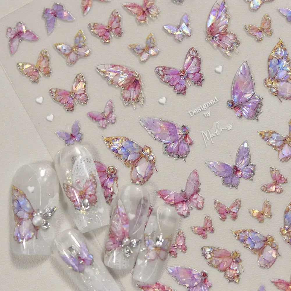 Butterfly 5D Nail Art Stickers, Kawaii Japanese-Inspired Glitter Shell Aurora Style Manicure Decals in Four Design Options for DIY Nail Decoration