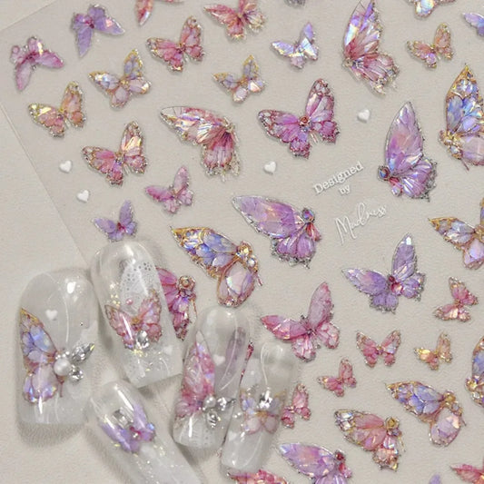 Butterfly 5D Nail Art Stickers, Kawaii Japanese-Inspired Glitter Shell Aurora Style Manicure Decals in Four Design Options for DIY Nail Decoration