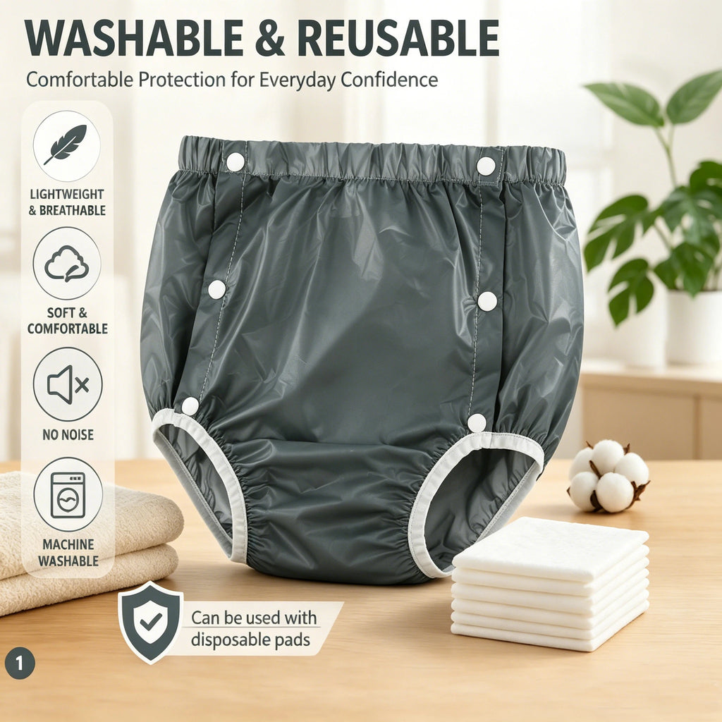 Side-Snap Adult Diaper Cover, Washable Reusable TPU Waterproof Overpants for Use with Disposable Diapers, L XL XXL Sizes and Five Finish Options