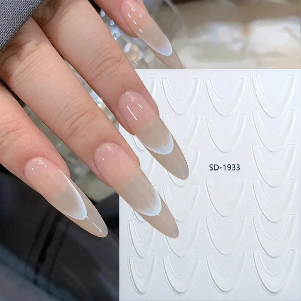 French Gradient Line Nail Art Stickers, White and Black Self-Adhesive 3D Decals for Natural, Acrylic and Artificial Nails, DIY Home and Salon Manicures