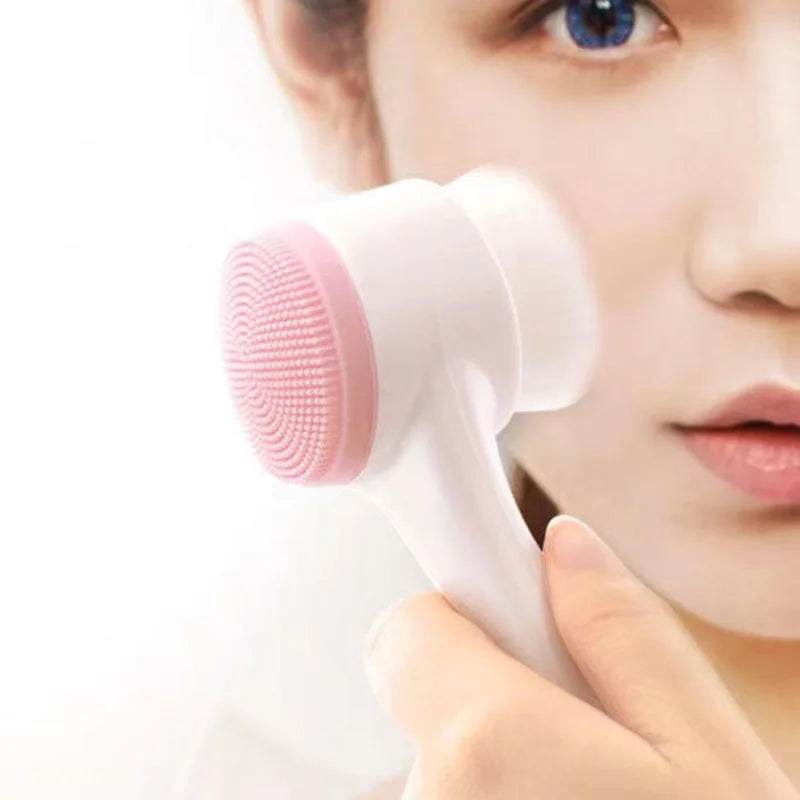 Facial Cleansing Brush, Double-Sided Manual Face Wash Tool with Handle, Silicone and Plastic Construction, Listed 13 x 6 cm Size in Pink or Blue