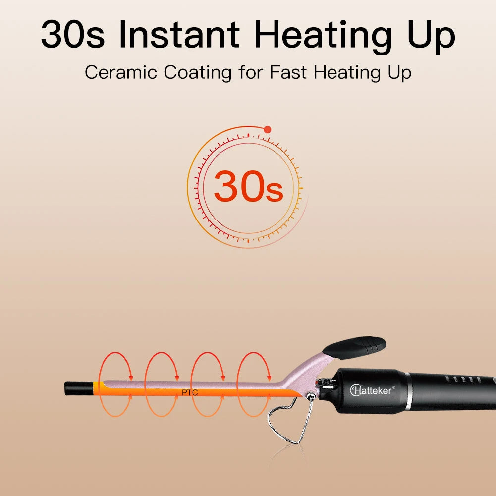 Hatteker 9mm Curling Wand, Slim Tourmaline Ceramic Barrel Hair Styling Iron with Listed 210–240V Rating and US, EU or UK Plug Options