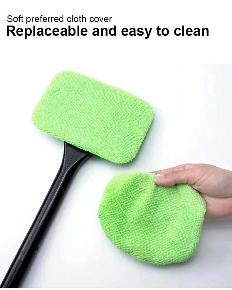 Car Windshield Cleaning Wand with Washable Microfiber Bonnet and Long Handle for Interior Auto Glass Care, Color Choices and Blue Three-Cloth Option