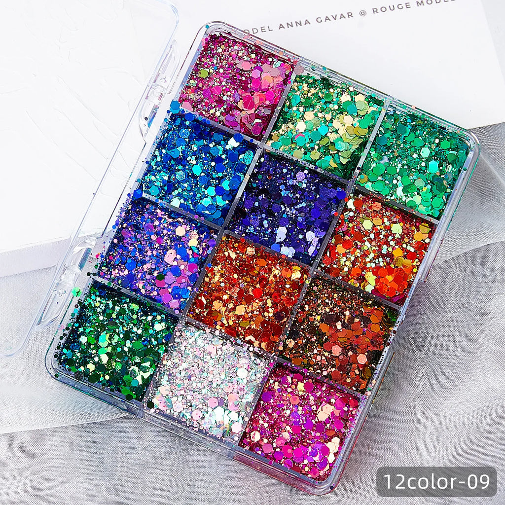 Glitter Gel Makeup Palette Options for Face and Body Art, Twelve Coded Selections with Sequin and Holographic References for Festival, Carnival and Stage Looks