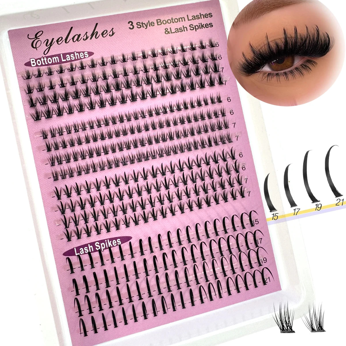 Bottom Lash Clusters and Individual Lash Spikes with 6–7mm and 15–21mm Length References, D Curl MIX Options in 12 or 16-Row Styles for Adult Manga Makeup