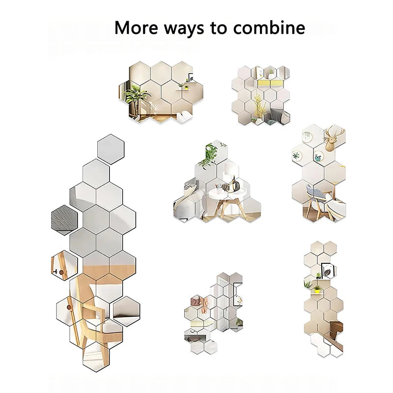 Hexagon Mirror Wall Stickers, 45-Piece Decorative Tile Set for DIY Geometric Wall Art Arrangements in Compatible Living Room, Bedroom and Entryway Spaces
