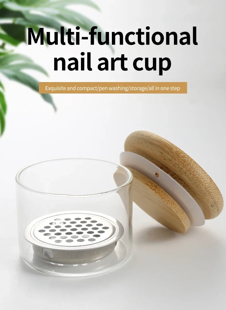 Nail Brush Cleaning Cup with Stainless Steel Mesh Base, Glass Manicure Tool Container for Brush Washing and Compatible Nail Drill Bit Cleaning