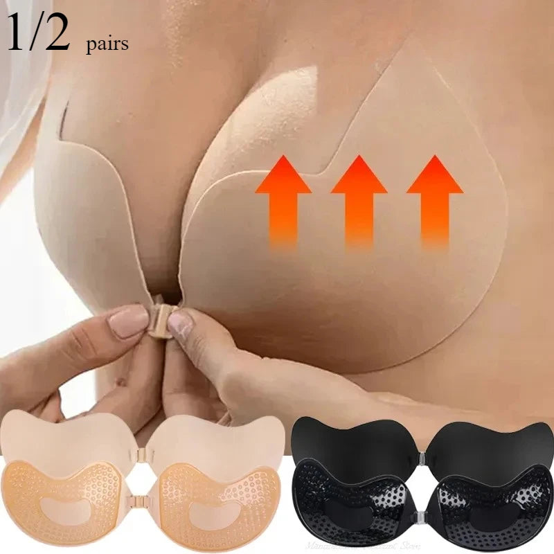 Backless Strapless Adhesive Bra for Women with Silicone Cups and Front Closure, Reusable Wire-Free Design in Black or Skin Tone, A–D Sizes
