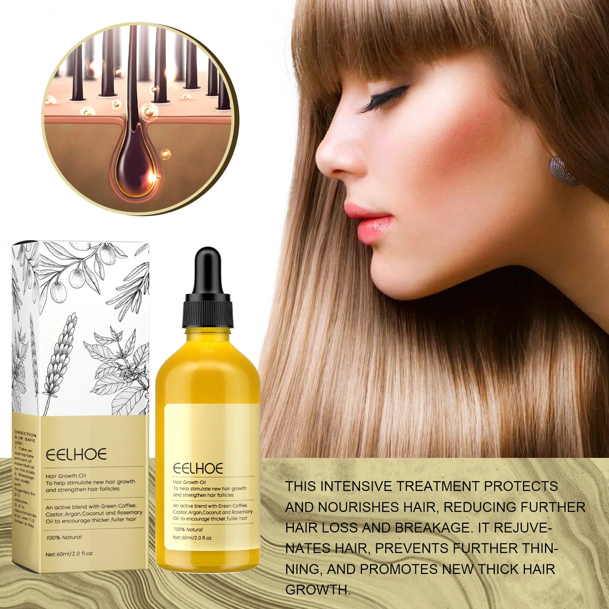 Rosemary Cosmetic Hair Oil by EELHOE with 60ml Boxed Selection, Hair and Scalp Grooming Oil for Label-Guided Home Care Routines with Additional Pack Options