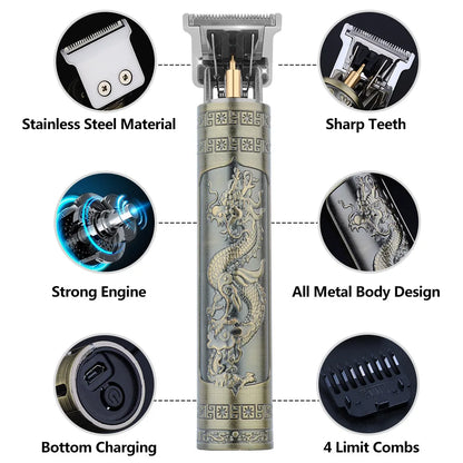 Retro T9 Hair Trimmer for Men's Everyday Haircutting and Personal Grooming, Electric Clipper Listing with Five Battery-Labeled Style Options for Home Use