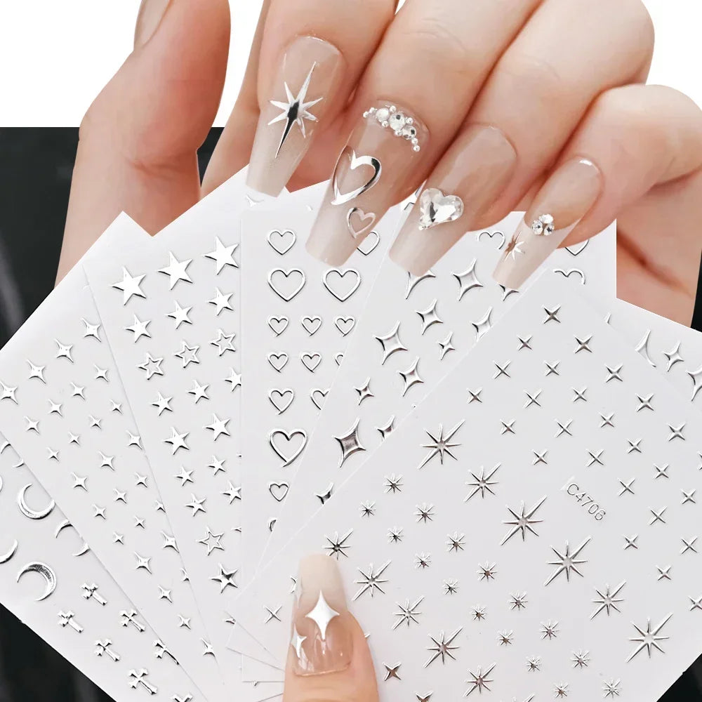 Silver Star Nail Stickers, 6 Sheets of Metallic 3D Self-Adhesive Chain and Heart Nail Art Decals for DIY Manicures, Party Looks and Salon Decoration