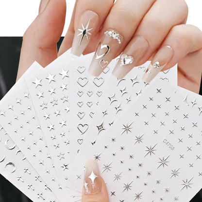 Silver Star Nail Stickers, 6 Sheets of Metallic 3D Self-Adhesive Chain and Heart Nail Art Decals for DIY Manicures, Party Looks and Salon Decoration