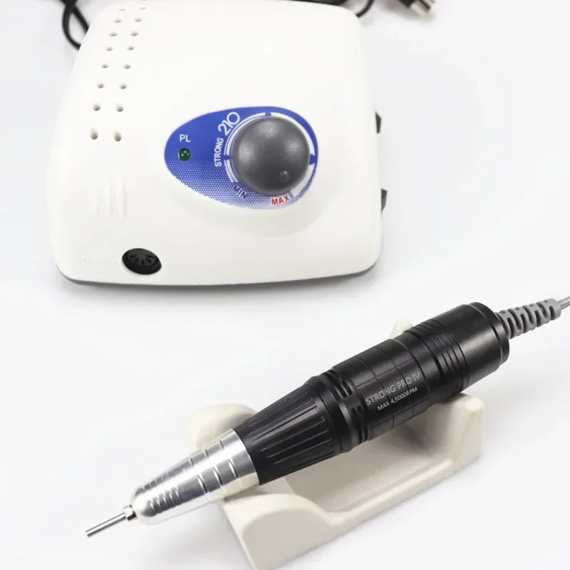 Strong 210 Pro IV Nail Drill Set with Listed 65W Input, 45,000 RPM Maximum, Six Bits, Handpiece and Foot Switch for Manicure Work, EU Plug Reference