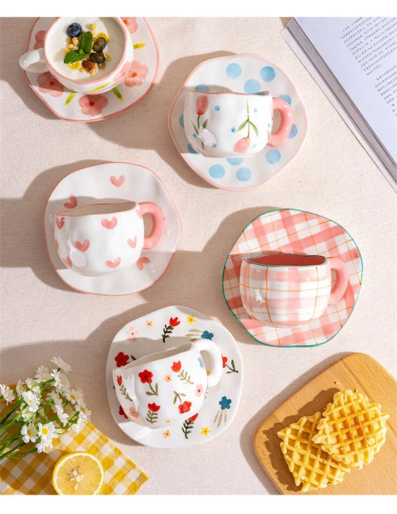 Hand-Painted Ceramic Mug with Irregular Korean-Style Shape and Floral, Heart or Playful Pattern Options for Breakfast Coffee and Afternoon Tea, Cup Only